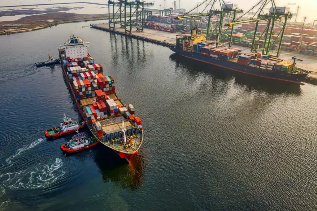 Foto udara kapal kargo dan crane di Pelabuhan Tanjung Priok Jakarta